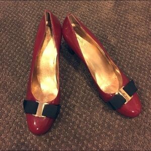 Nine West Dark Red Patent Heels With Black & Gold